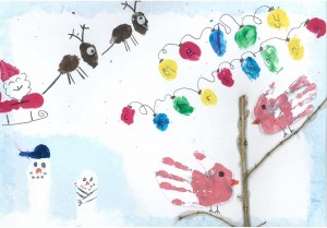 2017 Christmas Card competition: 1st place picture, reindeer, robins and snowman made with hand and thumb prints
